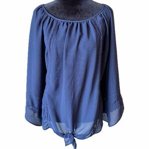 AGB Crochet Trim Tie Front Bell Sleeve Semi Sheer Blouse
